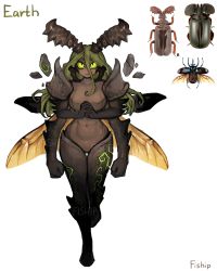 Rule 34 | 1girl, absurdres, arthropod girl, artist name, beetle girl, closed mouth, colored sclera, extra arms, geokinesis, green eyes, green hair, hair between eyes, highres, horns, insect wings, long hair, looking at viewer, mandibles, matilda fiship, monster girl, navel, original, own hands together, simple background, solo, standing, standing on one leg, thigh gap, white background, wings, yellow sclera