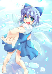 Rule 34 | 1girl, barefoot, blue dress, blue eyes, blue hair, bow, cirno, dress, hair bow, ice, ice wings, matching hair/eyes, niiya, open mouth, outstretched arm, puffy short sleeves, puffy sleeves, shirt, short sleeves, smile, solo, touhou, wings