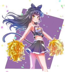 Rule 34 | 1girl, ass, bare arms, black hair, black skirt, black tank top, blake belladonna, bow, breasts, cat girl, cat tail, cheerleader, closed mouth, commentary, confetti, english text, from side, glitter, hair bow, hair ribbon, happy, head turn, highres, holding, holding pom poms, iesupa, long hair, looking to the side, midriff, multicolored clothes, multicolored skirt, pom pom (cheerleading), pom poms, ribbon, rwby, shirt, skirt, smile, solo, standing, tail, tank top, white shirt, white skirt, yellow eyes