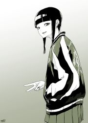 Rule 34 | 1girl, :d, absurdres, blunt bangs, bomber jacket, cowboy shot, dated, ear piercing, earrings, fingernails, from side, gradient background, green theme, highres, jacket, jewelry, kantai collection, kitakami (kancolle), long sleeves, looking at viewer, monochrome, open mouth, piercing, pleated skirt, signature, skirt, smile, solo, standing, tocky, v