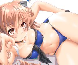 Rule 34 | 1girl, ascot, bikini, black gloves, blue bikini, blush, breasts, brown eyes, brown hair, choker, cleavage, collarbone, curvy, dd (ijigendd), feet out of frame, gloves, gluteal fold, hair ornament, hand on own hip, headgear, highres, johnston (kancolle), kantai collection, large breasts, looking at viewer, lying, navel, on side, pout, solo, star (symbol), swimsuit, twintails, white background, wide hips