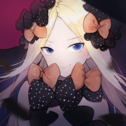 Rule 34 | 1girl, abigail williams (fate), black bow, blonde hair, blue eyes, blurry, blurry foreground, bow, closed mouth, fate/grand order, fate (series), floating hair, hair bow, highres, long hair, looking at viewer, multiple hair bows, orange bow, parted bangs, polka dot, polka dot bow, portrait, smile, solo, sylvia (huajiuhuajiu)