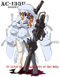 Rule 34 | 1girl, ac-130, aircraft, aircraft artillery, airplane, android, artillery, autocannon, barefoot, blue eyes, breasts, cannon, covered erect nipples, creepy, cyborg, english text, gatling gun, gau-12 equalizer, glowing, glowing eyes, grin, gun, gunship, hat, heterochromia, horror (theme), hoshino darts, howitzer, large breasts, m102 howitzer, mecha musume, multiple-barrel firearm, orange hair, original, personification, rotary cannon, simple background, smile, solo, terminator (series), the terminator, torn clothes, weapon, wings