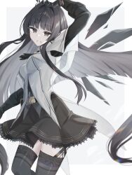 Rule 34 | 1girl, ahoge, arknights, arm up, ascot, belt, belt buckle, black ascot, black belt, black bustier, black eyes, black garter straps, black gloves, black hair, black halo, black skirt, black thighhighs, black wings, blunt bangs, blurry, blurry background, blurry foreground, border, breasts, broken halo, buckle, bustier, buttons, collared jacket, colored inner hair, commentary, dark halo, depth of field, detached wings, diamond-shaped pupils, diamond (shape), dress shirt, energy wings, eyelashes, feet out of frame, floating hair, from side, garter straps, gloves, grey background, grey hair, grey shirt, grin, hair intakes, halo, highres, jacket, lace, lace-trimmed skirt, lace trim, layered sleeves, lens flare, long hair, long sleeves, looking at viewer, looking to the side, miniskirt, multicolored hair, nishimiya aki, outside border, pale skin, parted lips, pleated skirt, shadow, shirt, short over long sleeves, short-sleeved jacket, short sleeves, sidelocks, simple background, skirt, small breasts, smile, solo, standing, straight hair, strap, symbol-shaped pupils, teeth, thighhighs, thighs, turning head, two-tone hair, very long hair, virtuosa (arknights), white border, white jacket, wide sleeves, wing collar, wings, yellow pupils, zettai ryouiki