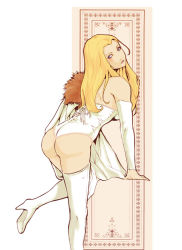 Rule 34 | 1girl, animification, ass, bad id, bad pixiv id, bare shoulders, bent over, blonde hair, blue eyes, boots, cape, corset, detached sleeves, emma frost, high heels, lingerie, long hair, looking back, marvel, okazuwa shake, shoes, solo, thigh boots, thighhighs, underwear, x-men