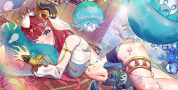 Rule 34 | 1girl, ;3, absurdres, aqua eyes, between legs, blush, breasts, circlet, commentary, crop top, detached sleeves, feet out of frame, forehead jewel, fungi (genshin impact), genshin impact, gold trim, harem outfit, highres, hug, kenka (user hrjm2543), long hair, long sleeves, looking at viewer, lying, medium breasts, musical note, navel, nilou (genshin impact), on side, one eye closed, puffy long sleeves, puffy sleeves, red hair, skirt, slime (genshin impact), solo, sparkle, spoken musical note, stomach, thighlet, thighs, vambraces, veil, vision (genshin impact), water drop