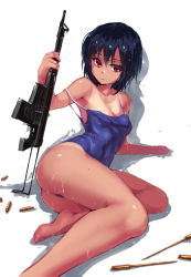 Rule 34 | 1girl, ass, barefoot, black hair, blush, competition school swimsuit, gun, looking at viewer, nightmaremk2, one-piece swimsuit, one-piece tan, original, red eyes, rifle, school swimsuit, simple background, sketch, solo, strap slip, swimsuit, tan, tanline, weapon, wet, white background