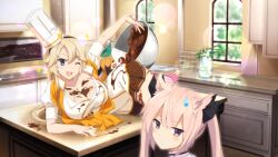 2girls ahoge blonde_hair blue_eyes bowl breasts brown_skirt chef_hat chocolate chocolate_on_body cleavage closed_mouth collarbone comedic_sweatdrop food_on_body game_cg hair_horns hairband hat indoors kohagura_ellen large_breasts long_hair lying mashiko_kaoru multiple_girls nene_(toji_no_miko) official_art on_side one_eye_closed open_mouth pink_hair purple_eyes shirt short_sleeves skirt smile solo_focus swept_bangs table toji_no_miko toji_no_miko:_kizamishi_issen_no_tomoshibi twintails white_hat white_shirt window