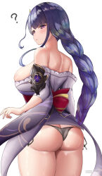 Rule 34 | 1girl, ?, ass, bare shoulders, black panties, blush, breasts, commentary request, cowboy shot, genshin impact, highres, japanese clothes, kimono, large breasts, long braid, long hair, looking at viewer, off shoulder, panties, parted lips, purple eyes, purple hair, purple kimono, raiden shogun, simple background, solo, standing, takenoko pengin, thick thighs, thighs, underwear, very long hair, white background
