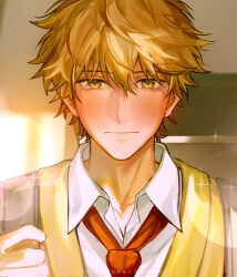 Rule 34 | 1boy, blonde hair, collared shirt, highres, looking at viewer, male focus, messy hair, necktie, oretsuu, red necktie, school uniform, shima sousuke, shirt, short hair, skip to loafer, sweater vest, upper body, white shirt, yellow eyes, yellow sweater vest