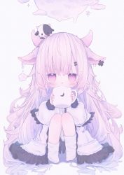 Rule 34 | 1girl, absurdres, amamona p, animal ears, blonde hair, blush, cow, cow ears, cow girl, crescent, cup, dress, highres, horns, lolita fashion, mug, original, pale skin, pastel colors, pink eyes, pink hair, simple background, stuffed toy, white background