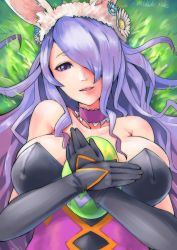 Rule 34 | 1girl, animal ears, blade ride, breasts, camilla (fire emblem), camilla (spring) (fire emblem), cleavage, detached collar, egg, fake animal ears, fire emblem, fire emblem fates, fire emblem heroes, hair over one eye, highres, large breasts, leotard, lips, long hair, looking at viewer, nintendo, playboy bunny, purple eyes, purple hair, rabbit ears, rabbit tail, smile, solo, tail, very long hair