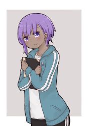 Rule 34 | 1girl, black pants, blue jacket, blush, closed mouth, dark-skinned female, dark skin, fate/prototype, fate/prototype: fragments of blue and silver, fate (series), grey background, hair between eyes, hassan of serenity (fate), i.u.y, jacket, long sleeves, looking at viewer, hugging object, open clothes, open jacket, pants, purple eyes, purple hair, shirt, smile, solo, track jacket, track pants, two-tone background, white background, white shirt