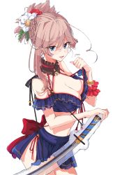 Rule 34 | 1girl, :d, absurdres, asymmetrical hair, bad id, bad pixiv id, bare shoulders, bikini, bikini top only, blue bikini, blue eyes, blue skirt, blush, bow, braid, breasts, brown hair, choker, cleavage, commentary request, fate/grand order, fate (series), fingernails, flower, frills, hair between eyes, hair flower, hair ornament, hand up, highres, katana, large breasts, lifted by self, long hair, looking at viewer, miyamoto musashi (fate), open mouth, osanai, pleated skirt, ponytail, red bow, red choker, red flower, red scrunchie, scrunchie, short ponytail, side-tie bikini bottom, sidelocks, signature, simple background, skirt, smile, solo, swimsuit, sword, weapon, white background, white flower, wrist scrunchie