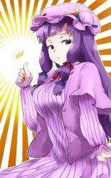 Rule 34 | 1girl, breasts, colored eyelashes, crescent, crescent pin, dress, emphasis lines, expressionless, eyelashes, hair ribbon, half-closed eyes, hat, hat ornament, highres, layered clothes, long hair, looking at viewer, mob cap, patchouli knowledge, purple dress, purple eyes, purple hair, purple shirt, ribbon, shirt, short sleeves, sinzan, solo, striped clothes, striped dress, thumbs up, touhou, tress ribbon, very long hair
