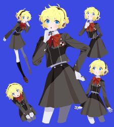 Rule 34 | 1girl, aegis (persona), black jacket, black skirt, blonde hair, blue background, blue eyes, bow, bowtie, full body, gekkoukan high school uniform, hand on own hip, headset, highres, index finger raised, jacket, looking at viewer, looking to the side, melkymelkii, multiple views, open mouth, persona, persona 3, red bow, red bowtie, school uniform, short hair, simple background, skirt, standing