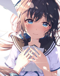 Rule 34 | 1girl, absurdres, black hair, black sailor collar, blue eyes, blush, brown hair, crying, crying with eyes open, highres, holding, holding paper, keis (locrian1357), long hair, low ponytail, original, paper, resolution mismatch, sailor collar, school uniform, serafuku, shirt, short sleeves, smile, solo, source smaller, sparkle, tears, upper body, white shirt