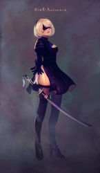 Rule 34 | black dress, black hairband, blindfold, boots, cleavage cutout, clothing cutout, covered eyes, dress, feather-trimmed sleeves, hairband, high heel boots, high heels, highres, holding, holding sword, holding weapon, jj steak, juliet sleeves, katana, leotard, long sleeves, mole, mole under mouth, nier (series), nier:automata, puffy sleeves, silver hair, solo, standing, sword, thigh boots, thighhighs, thighhighs under boots, thighs, vambraces, weapon, white leotard, 2b (nier:automata)