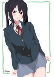 Rule 34 | 1girl, absurdres, black hair, brown eyes, character name, collared shirt, commentary request, cowboy shot, highres, k-on!, long hair, long sleeves, looking at viewer, nakano azusa, neck ribbon, parted lips, pear sauce, pleated skirt, red ribbon, ribbon, sakuragaoka high school uniform, school uniform, shirt, simple background, skirt, solo, twintails, white background, white shirt