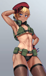 Rule 34 | 1girl, abs, absurdres, arm up, bare shoulders, belt, belt pouch, beret, bikini, bikini bottom only, black belt, black bikini, blonde hair, blue eyes, blush, breast pocket, breasts, closed mouth, collarbone, commentary request, commission, cowboy shot, facepaint, fishnet thighhighs, fishnets, gloves, gluteal fold, green belt, green vest, grey background, groin, hand on own hip, hat, highres, looking at viewer, military, navel, original, pocket, pouch, red gloves, red hat, revealing clothes, salute, short hair, sidelocks, simple background, skeb commission, skindentation, small breasts, smile, solo, standing, stomach, swimsuit, tan, tanline, thighhighs, toin (iitoin), vest