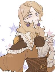 Rule 34 | 1girl, ascot, blonde hair, blue eyes, brown dress, dress, earrings, fire emblem, fire emblem: three houses, fire emblem warriors: three hopes, frilled dress, frills, gloves, highres, jewelry, julianlynnnn, long hair, looking at viewer, mercedes von martritz, nintendo, official alternate costume, official alternate hairstyle, solo, star (symbol), upper body, white background, white gloves