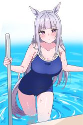 Rule 34 | 1girl, animal ears, blue one-piece swimsuit, blunt bangs, blush, breasts, cleavage, commentary request, competition school swimsuit, gold ship (umamusume), grey hair, highres, horse ears, horse girl, horse tail, kerotan (belle reinedesu), large breasts, long hair, looking at viewer, one-piece swimsuit, partially submerged, poolside, purple eyes, school swimsuit, solo, swimsuit, tail, tracen swimsuit, umamusume
