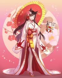 Rule 34 | 1girl, alternate costume, animal ears, atago, atago (azur lane), azur lane, black hair, breasts, brown eyes, cherry blossoms, dog ears, dolce (dolsuke), highres, japanese clothes, kimono, large breasts, long hair, looking at viewer, mole, mole under eye, oil-paper umbrella, red umbrella, simple background, smile, solo, standing, tachi-e, thighhighs, umbrella, white kimono, white thighhighs