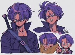Rule 34 | 1boy, clenched teeth, closed mouth, cropped torso, dragon ball, dragonball z, grey background, high collar, hood, hood down, hoodie, jacket, looking at viewer, male focus, multiple views, purple eyes, purple hair, sameyama jiro, shirt, signature, simple background, sword, teeth, trunks (dragon ball), trunks (future) (dragon ball), upper body, v, weapon, weapon on back
