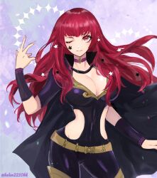Rule 34 | 1girl, belt, bodysuit, breasts, cape, cleavage, cleavage cutout, closed mouth, clothing cutout, facial mark, fire emblem, fire emblem engage, hair ornament, helen (helen2210hk), highres, large breasts, long hair, looking at viewer, nintendo, one eye closed, red eyes, red hair, simple background, solo, star (symbol), star hair ornament, yunaka (fire emblem)