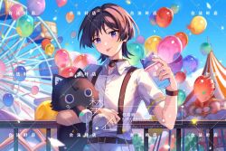 Rule 34 | 1boy, amusement park, balloon, black hair, chinese text, chrisleryen, cup, ferris wheel, genshin impact, glass, grey pants, highres, holding, holding cup, looking at viewer, male focus, pants, purple eyes, purple hair, scaramouche (cat) (genshin impact), scaramouche (genshin impact), shirt, short hair, smile, solo, tongue, tongue out, watermark, white shirt