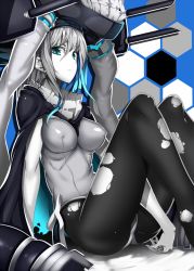 Rule 34 | 10s, 1girl, abyssal ship, aqua eyes, bad id, bad pixiv id, black pantyhose, bodysuit, breasts, cape, covered erect nipples, doko tetora, gloves, honeycomb (pattern), honeycomb background, honeycomb pattern, kantai collection, large breasts, long hair, looking at viewer, pale skin, pantyhose, personification, silver hair, solo, torn clothes, torn pantyhose, wo-class aircraft carrier