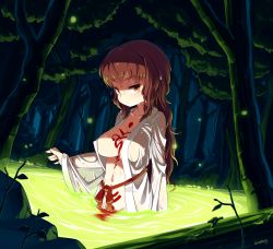 Rule 34 | 1girl, blueberry (5959), breasts, brown eyes, brown hair, cleavage, collarbone, large breasts, light particles, long hair, looking at viewer, open clothes, original, partially submerged, solo, tree, water, wet