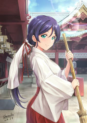 Rule 34 | &gt;:), 1girl, aqua eyes, artist name, bamboo broom, broom, dated, day, from side, hair ribbon, hakama, hakama skirt, highres, holding, holding broom, japanese clothes, lens flare, looking at viewer, love live!, love live! school idol festival, love live! school idol project, miko, outdoors, ponytail, purple hair, red ribbon, ribbon, shamakho, shrine, sidelocks, skirt, smile, solo, tojo nozomi, v-shaped eyebrows, wide sleeves