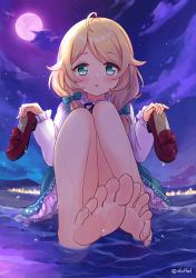 Rule 34 | 1girl, ahoge, bare legs, barefoot, beach, black neckwear, black ribbon, blonde hair, blush, bow, cloud, cloudy sky, commentary request, dress, eluthel, eyelashes, feet, foot focus, foreshortening, frilled dress, frilled sleeves, frills, full body, green bow, green dress, green eyes, hair bow, highres, holding, holding shoes, idolmaster, idolmaster cinderella girls, knees up, legs, long hair, long sleeves, low twintails, moon, night, night sky, open mouth, red footwear, ribbon, shadow, shoes, unworn shoes, sidelocks, sitting, sky, soaking feet, soles, solo, star (sky), starry sky, toes, twintails, twitter username, water, water drop, wet, yusa kozue