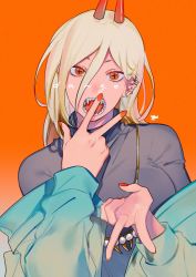 Rule 34 | + +, 1girl, aqua jacket, blonde hair, breasts, chainsaw man, cross-shaped pupils, demon girl, demon horns, double w, eyebrows hidden by hair, fangs, gradient background, hair between eyes, highres, horns, jacket, long hair, looking at viewer, nail polish, ohisama33ohayo3, open mouth, orange background, orange eyes, power (chainsaw man), red horns, red nails, sharp teeth, shirt, simple background, solo, symbol-shaped pupils, teeth, w
