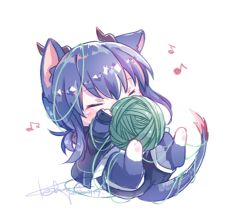 Rule 34 | 1girl, animal ears, arknights, black shorts, blush, cat ears, ch&#039;en (arknights), chibi, closed eyes, dragon tail, fingerless gloves, gloves, horns, keluy, lying, musical note, on back, shorts, signature, solo, tail, white background, yarn, yarn ball