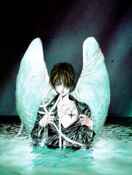 Rule 34 | 1boy, angel cage, angel sanctuary, angel wings, artbook, bandages, brown hair, hair over one eye, highres, lips, male focus, mouth hold, mudou setsuna, partially submerged, shirt, short hair, solo, tattoo, water, wings, yuki kaori