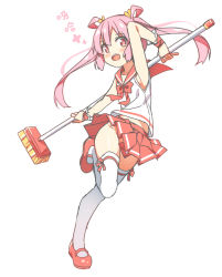 Rule 34 | + +, 1girl, broom, eyebrows, full body, hair rings, hand up, hatsunatsu, leg up, looking at viewer, mary janes, midriff, navel, no panties, open mouth, original, pink hair, red eyes, school uniform, shoes, simple background, skirt, sleeveless, solo, standing, standing on one leg, symbol-shaped pupils, thighhighs, twintails, white background, white thighhighs, wristband, zettai ryouiki