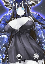 Rule 34 | 1girl, abyssal ship, atoll aircraft carrier anchorage princess, bare shoulders, black dress, black hair, black panties, blue eyes, breasts, colored skin, dress, grey skin, horns, kantai collection, large breasts, long hair, looking at viewer, mikagami sou, panties, parted lips, saliva, short dress, simple background, sleeveless, sleeveless dress, solo, teeth, underwear, very long hair