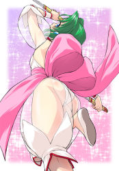 Rule 34 | 1girl, arm up, ass, bloomers, blue eyes, bow, dagger, dual wielding, earrings, ellis (toushinden), from below, green hair, holding, holding dagger, holding knife, holding weapon, jewelry, knife, kouda tomohiro, leotard, looking back, pink background, pink bow, reverse grip, see-through, see-through sleeves, shoes, short hair, solo, sparkle, toushinden, underwear, weapon, white leotard, wrist cuffs