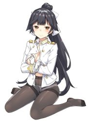 Rule 34 | 1girl, areola slip, azur lane, black hair, black pantyhose, blunt bangs, blush, bow, breasts, cleavage, closed mouth, crotch seam, feet, frown, full body, gloves, gusset, hair bow, jacket, long hair, long sleeves, looking at viewer, military jacket, no bra, no shoes, open clothes, open jacket, panties, panties under pantyhose, pantyhose, raised eyebrows, simple background, sitting, solo, takao (azur lane), takayaki, tearing up, tears, thighband pantyhose, underwear, very long hair, wariza, white background, white bow, white gloves, white jacket, white panties