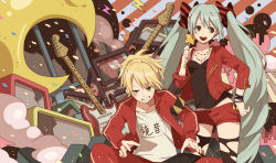 Rule 34 | 1boy, 1girl, blonde hair, blue eyes, bracelet, electric guitar, green eyes, green hair, grin, guitar, hand on own hip, hatsune miku, instrument, jewelry, kagamine len, long hair, necklace, open mouth, short shorts, shorts, smile, sunaya, thighhighs, torn clothes, torn legwear, twintails, very long hair, vocaloid