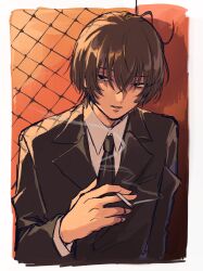 Rule 34 | 1boy, black eyes, border, brown hair, chain-link fence, cigarette, collared shirt, fence, formal, hair between eyes, highres, hitomi hirosuke (sayonara wo oshiete), holding, holding cigarette, male focus, necktie, ngron027, parted lips, sayonara wo oshiete, shirt, short hair, sketch, smoking, solo, suit, twilight, upper body, white border