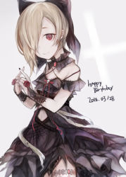 Rule 34 | 1girl, bare shoulders, black bow, black dress, black nails, blonde hair, bow, bridal gauntlets, closed mouth, clothing cutout, commentary request, dated, dress, fingernails, flower, hair bow, hair over one eye, happy birthday, hasunokaeru, highres, idolmaster, idolmaster cinderella girls, lace, nail polish, navel, navel cutout, red eyes, red flower, red ribbon, red rose, ribbon, rose, shirasaka koume, skull, smile, solo