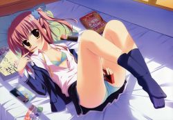 Rule 34 | 1girl, absurdres, angel ring, bed, book, bra, chips (food), food, highres, huge filesize, lingerie, open clothes, open shirt, panties, pink hair, pocky, potato chips, school uniform, shirt, socks, solo, striped bra, striped clothes, striped panties, toomi sana, underwear, yamakaze ran