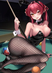 Rule 34 | 1girl, absurdres, animal ears, arm support, ass, ball, bare shoulders, billiard ball, billiards, black bow, black bowtie, black footwear, black leotard, blush, bow, bowtie, breasts, cleavage, collarbone, covered navel, cue stick, detached collar, fake animal ears, fake tail, fang, fishnet pantyhose, fishnets, hair between eyes, heterochromia, high heels, highres, holding cue stick, hololive, houshou marine, indoors, large breasts, leotard, long hair, looking at viewer, lying, on side, on table, open mouth, pantyhose, playboy bunny, pool table, rabbit ears, rabbit tail, red eyes, red hair, scarf (50464982), shiny clothes, sidelocks, sitting, sitting on table, skindentation, solo, strapless, strapless leotard, table, tail, thighband pantyhose, traditional bowtie, twintails, virtual youtuber, wrist cuffs, yellow eyes