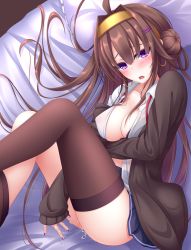 Rule 34 | 10s, 1girl, ahoge, bed, black thighhighs, blue skirt, blush, bra, breasts, brown hair, brown thighhighs, collarbone, dress shirt, earrings, female focus, female masturbation, fingernails, hair bun, hair ornament, hairband, hairclip, highres, jacket, jewelry, kantai collection, kongou (kancolle), large breasts, long hair, looking at viewer, lying, masturbation, messy hair, miniskirt, nail polish, on bed, on side, open bra, open clothes, open mouth, open shirt, purple eyes, pussy juice, see-through, shirt, single hair bun, skirt, solo, sweater, tears, thighhighs, underwear, wet, yoye (pastel white)