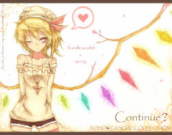 Rule 34 | 1girl, alternate costume, alternate headwear, arms behind back, bare shoulders, blonde hair, blush, character name, english text, female focus, flandre scarlet, hat, hat ribbon, heart, jewelry, kyuumoto kuku, letterboxed, necklace, pendant, red eyes, ribbon, short hair, shorts, side ponytail, smile, solo, spoken heart, thighhighs, touhou, wings, wink