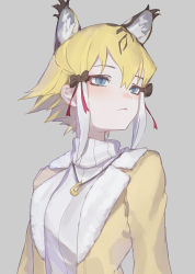 Rule 34 | 1girl, alternate costume, animal ears, black bow, blonde hair, blue eyes, blush, bow, casual, cat ears, cat girl, don3, extra ears, fur trim, hair bow, highres, jacket, jewelry, kemono friends, long sleeves, looking away, multicolored hair, necklace, short hair, sidelocks, smilodon (kemono friends), solo, sweater, turtleneck, turtleneck sweater, two-tone hair, upper body, white hair, white jacket, white sweater