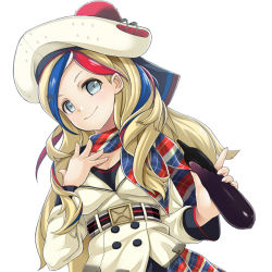 Rule 34 | 1girl, anchor hair ornament, belt, beret, blonde hair, blue hair, buttons, commandant teste (kancolle), double-breasted, eggplant, hair ornament, hat, kantai collection, long hair, looking at viewer, mofu namako, multicolored clothes, multicolored hair, multicolored scarf, plaid, plaid scarf, pom pom (clothes), red hair, scarf, simple background, solo, streaked hair, swept bangs, upper body, wavy hair, white background, white hair